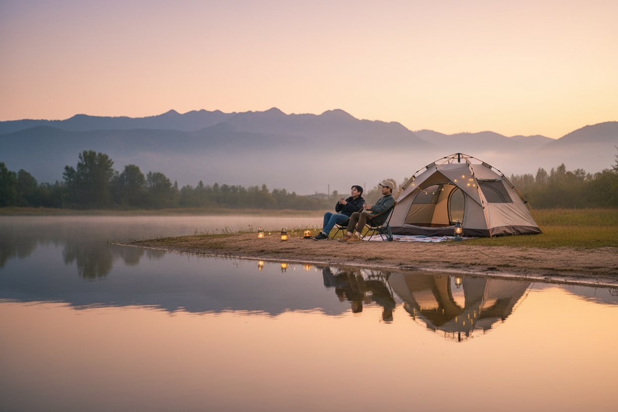 Outdoor Tent Lakeside Sunset Hero Banner